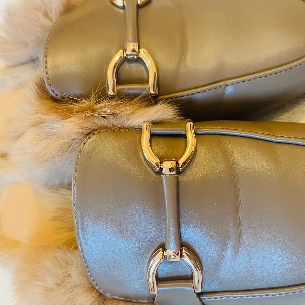Tan rabbit fur loafer mules rose gold buckle vegan leather rubber soles Sz 37